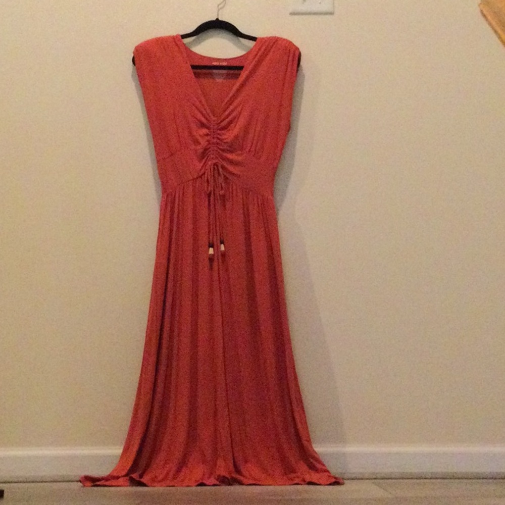 Orange Ruched V-Neck Maxi Dress